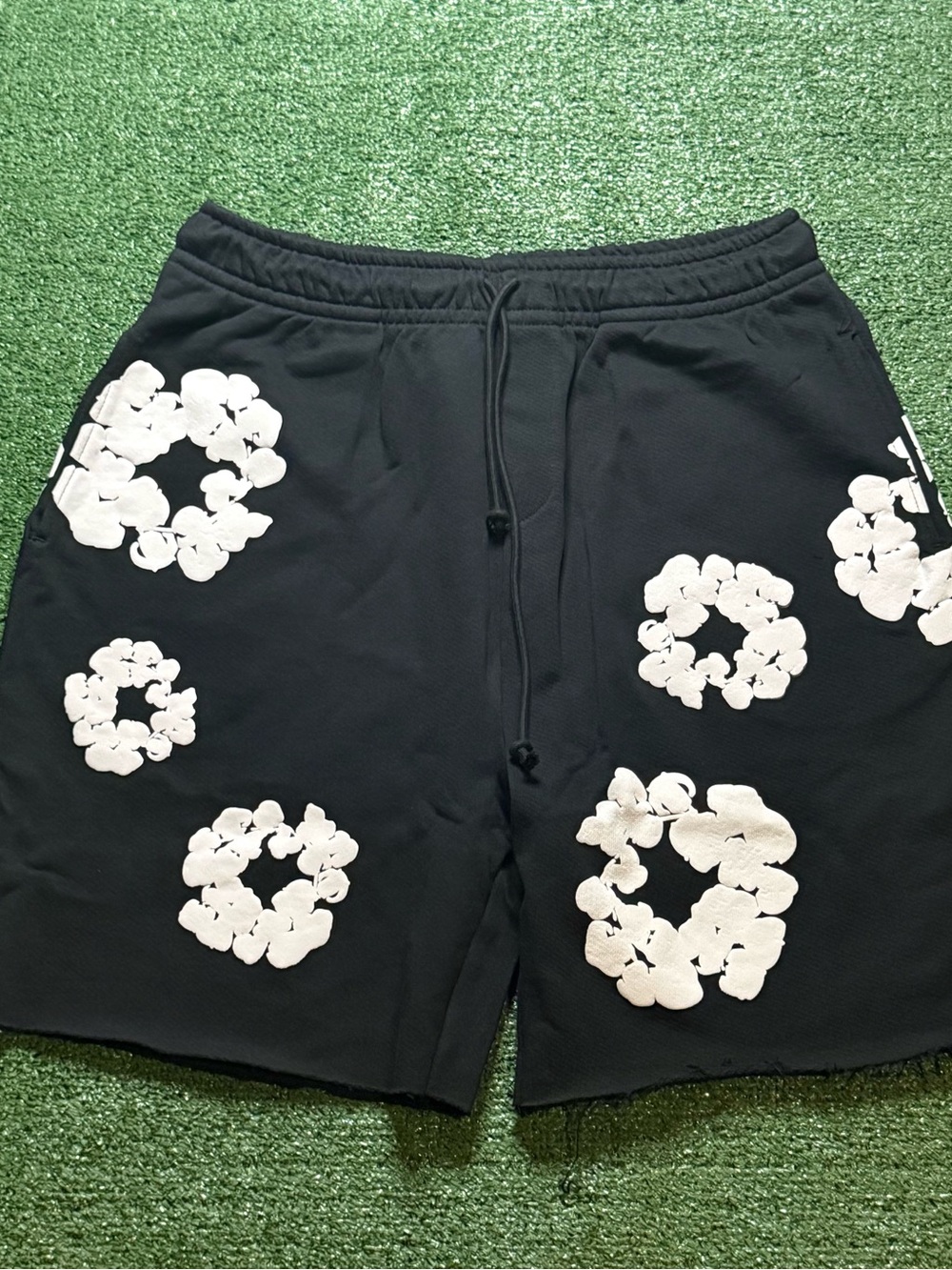 Mens Black Denim Tear Cotton Wreath Shorts